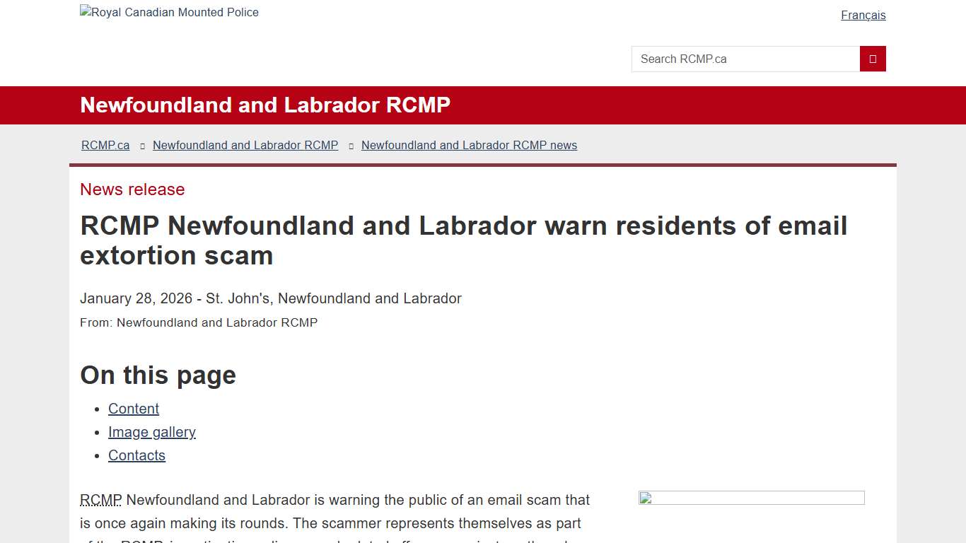 RCMP Newfoundland and Labrador warn residents of email extortion scam Royal Canadian Mounted Police